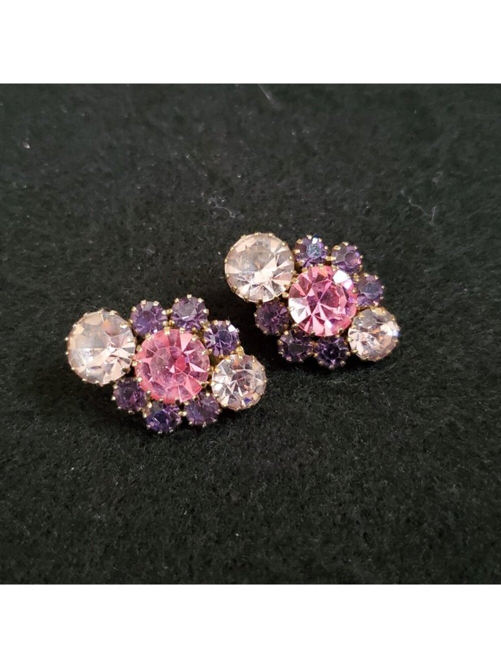 Vintage Rhinestone Earrings Pink Purple Silver Tone Clip On 1 1/8"